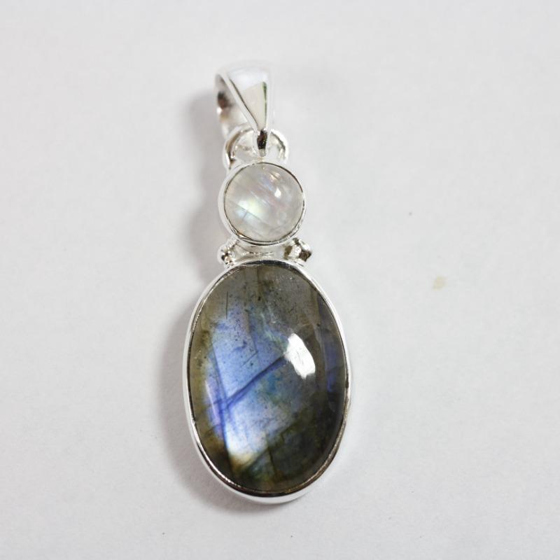 Sterling Silver Labradorite Pendant With Round Rainbow Moonstone || .925 Sterling Silver-Nature's Treasures