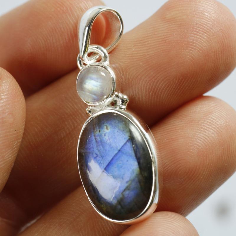 Sterling Silver Labradorite Pendant With Round Rainbow Moonstone || .925 Sterling Silver