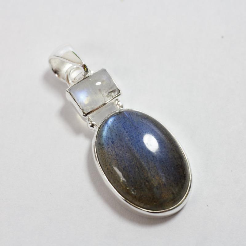 Sterling Silver Labradorite Pendant With Square Rainbow Moonstone || .925 Sterling Silver-Nature's Treasures