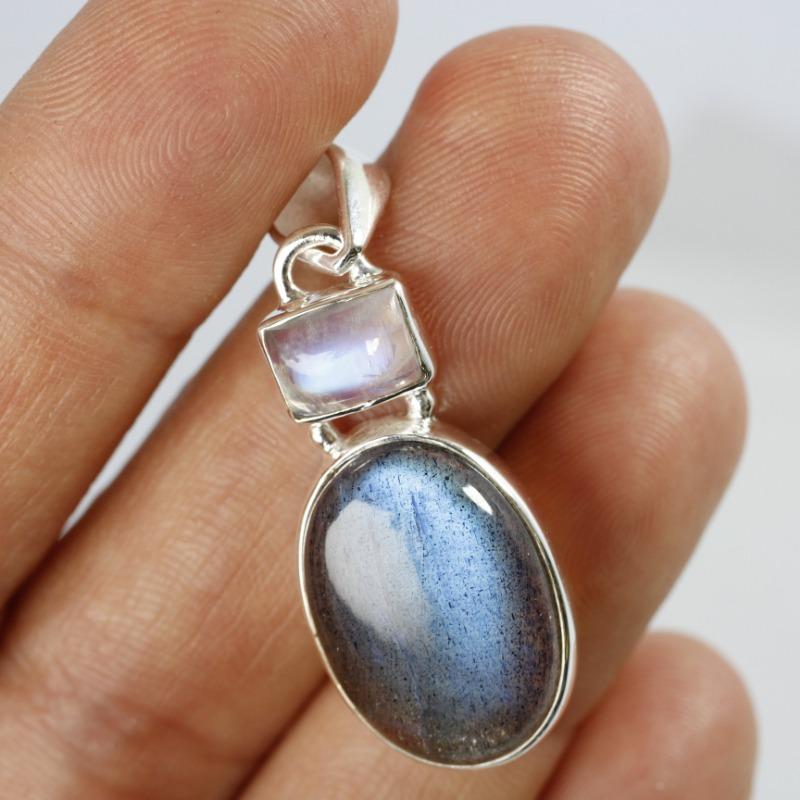 Sterling Silver Labradorite Pendant With Square Rainbow Moonstone || .925 Sterling Silver