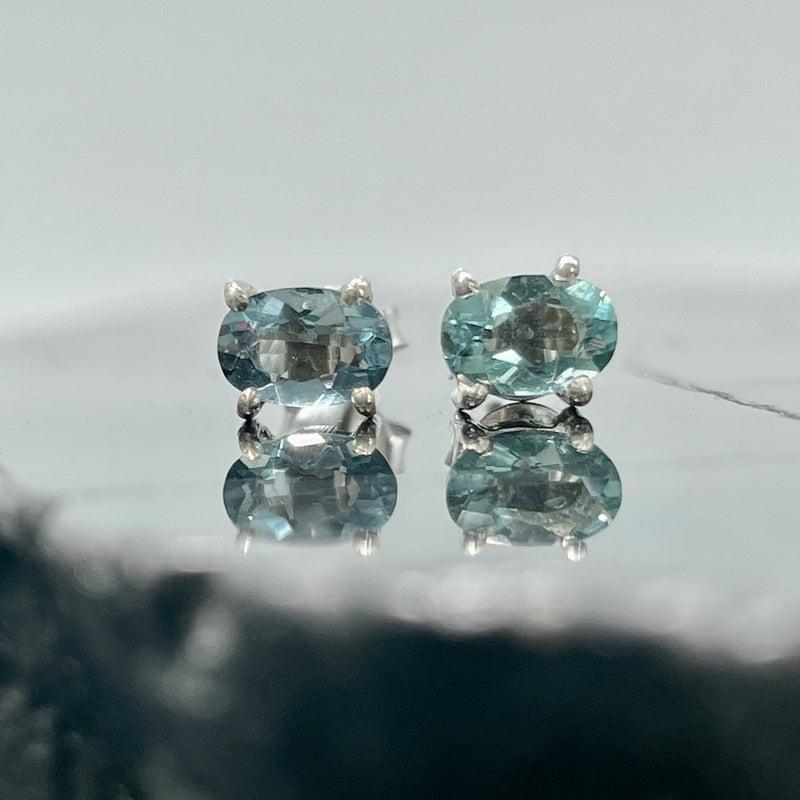 Swiss Blue Topaz Dainty Faceted Stud Earrings || Brazil || .925 Sterling Silver-Nature's Treasures