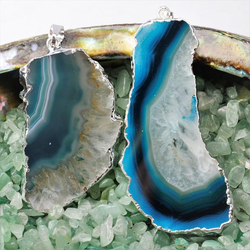 Teal Dyed Agate Slice Silver Plated Pendant-Nature's Treasures