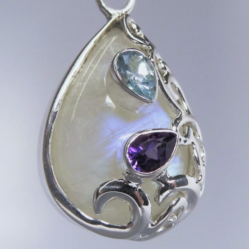 Teardrop Rainbow Moonstone With Amethyst & Blue Topaz Pendant || .925 Sterling Silver-Nature's Treasures
