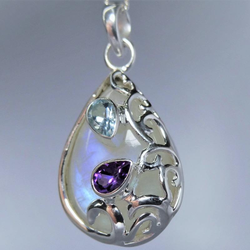 Teardrop Rainbow Moonstone With Amethyst & Blue Topaz Pendant || .925 Sterling Silver-Nature's Treasures