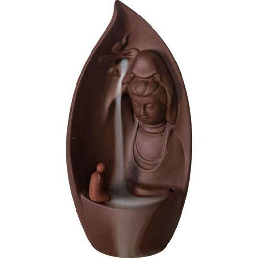 Terracotta Ceramic Backflow Incense Burner - Praying Kwan Yin Waterfall-Nature's Treasures