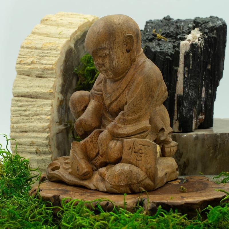 The Compassionate Monk: Monkey Pod Wooden Hand-Carved Statue || Indonesia-Nature's Treasures