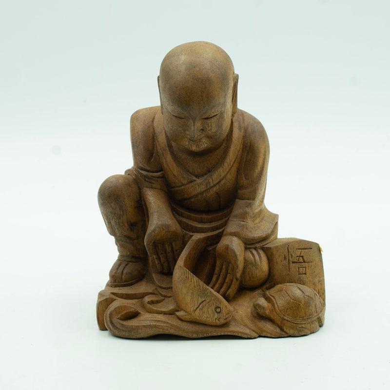 The Compassionate Monk: Monkey Pod Wooden Hand-Carved Statue || Indonesia