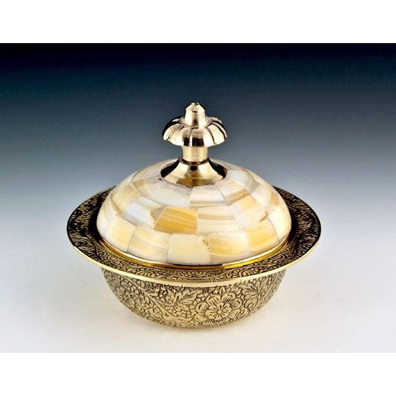 Tibetan Brass Bowl & Mother of Pearl Lid 3.5"-Nature's Treasures
