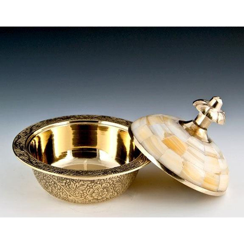 Tibetan Brass Bowl & Mother of Pearl Lid 3.5"-Nature's Treasures