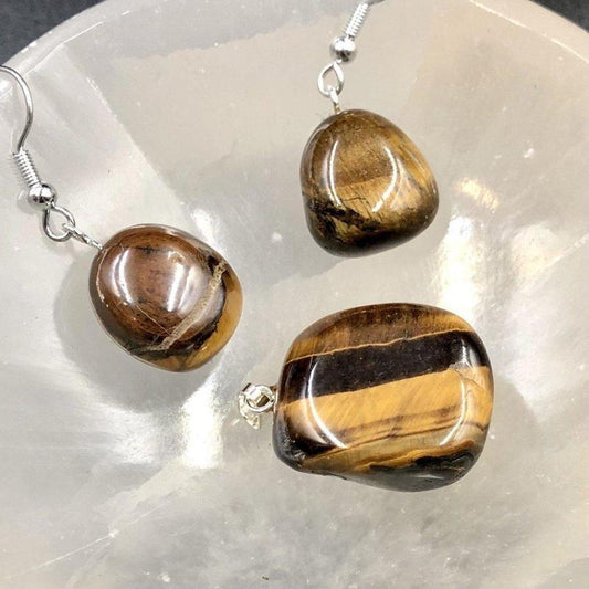 Tiger's Eye Tumble Stone Jewelry Set || Pendant & Earrings-Nature's Treasures
