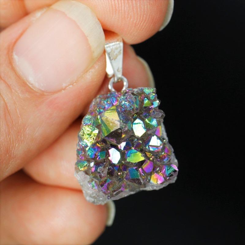 Titanium Rainbow Aura Treated Amethyst Cluster Pendant || Mini || Focus, Joy-Nature's Treasures