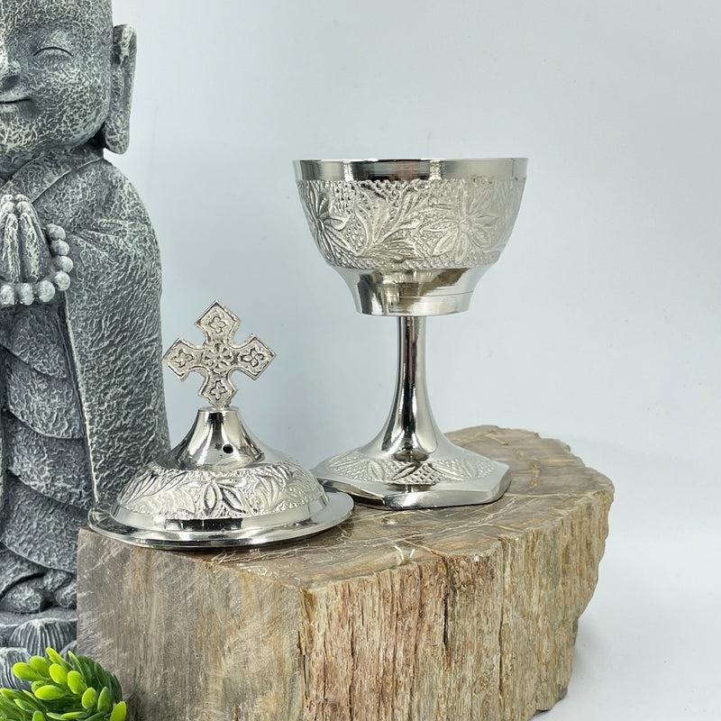 Traditional Hand-Held Charcoal Resin Incense Burner With Cross || Chrome-Nature's Treasures