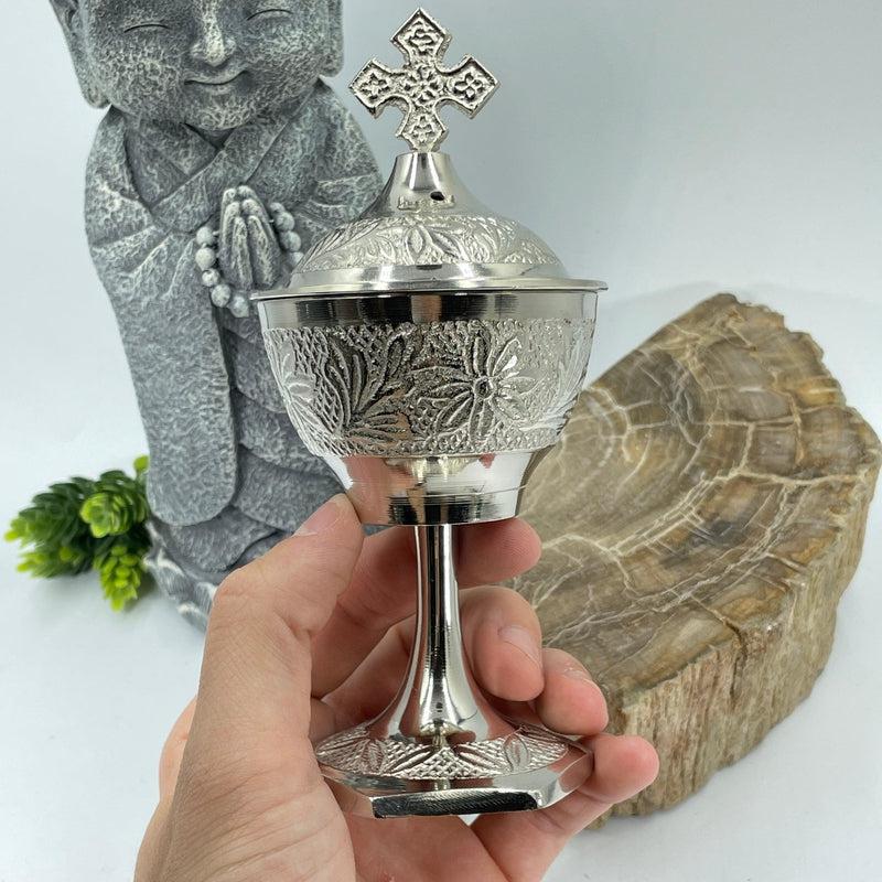 Traditional Hand-Held Charcoal Resin Incense Burner With Cross || Chrome-Nature's Treasures