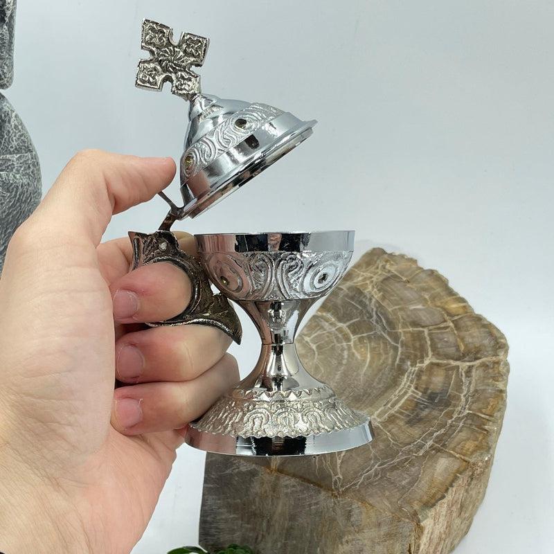 Traditional Hand-Held Charcoal Resin Incense Burner With Cross || Chrome-Nature's Treasures