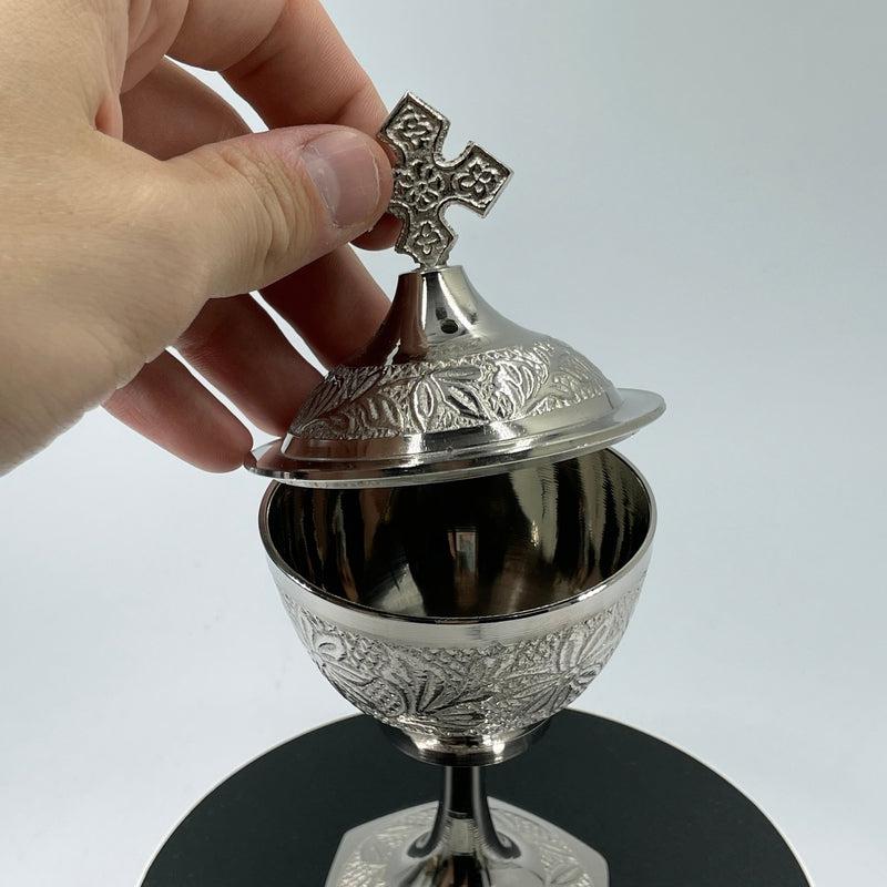 Traditional Hand-Held Charcoal Resin Incense Burner With Cross || Chrome-Nature's Treasures