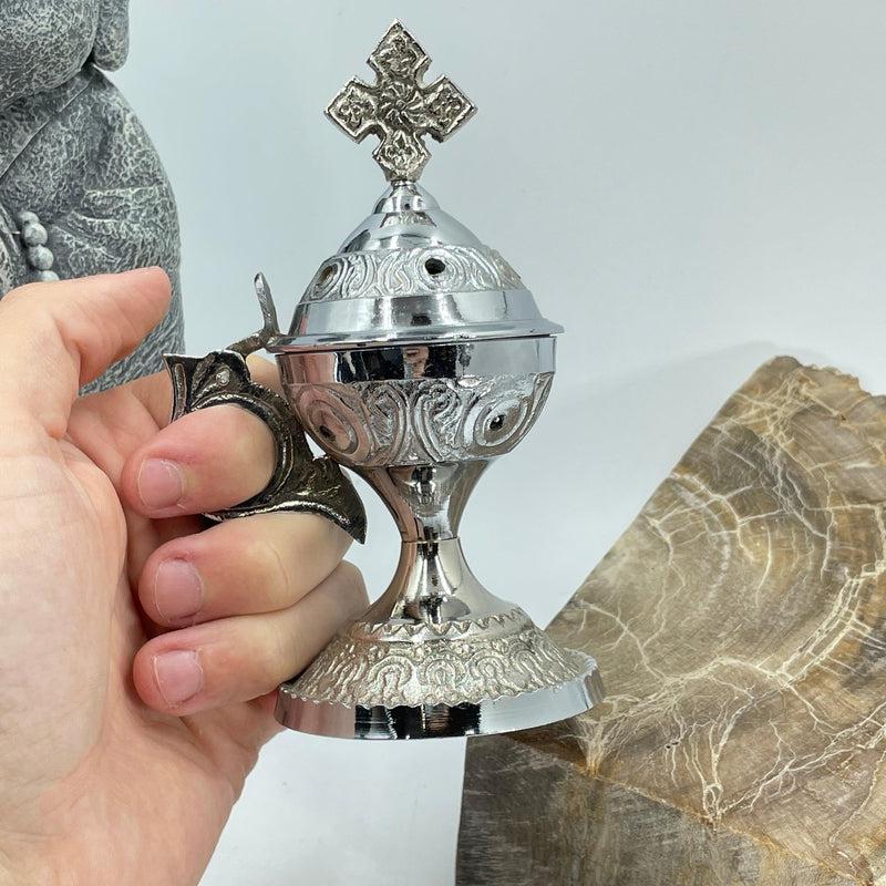 Traditional Hand-Held Charcoal Resin Incense Burner With Cross || Chrome-Nature's Treasures