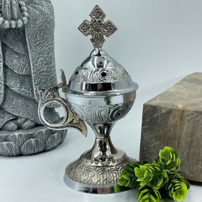 Traditional Hand-Held Charcoal Resin Incense Burner With Cross || Chrome-Nature's Treasures