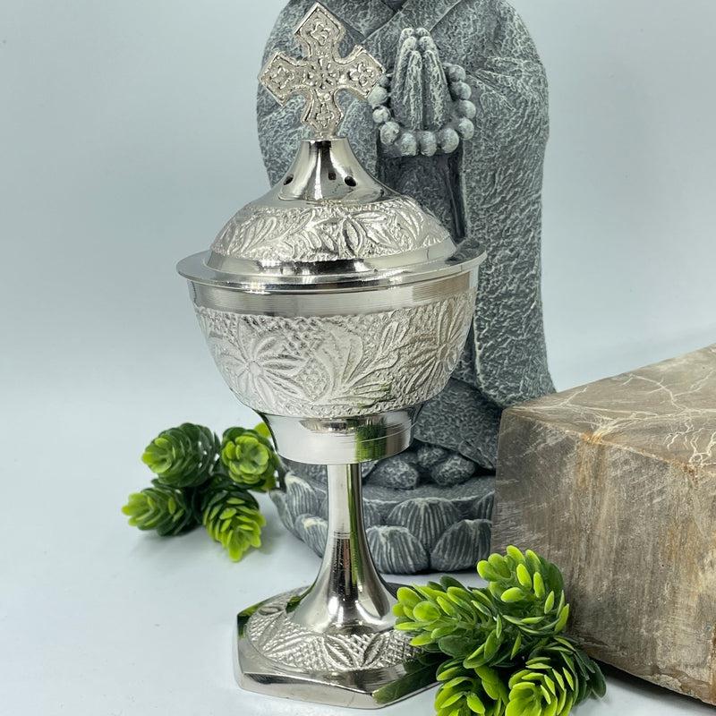 Traditional Hand-Held Charcoal Resin Incense Burner With Cross || Chrome-Nature's Treasures