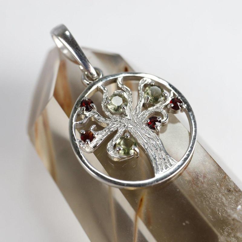 Tree Of Life Moldavite With Garnet Pendant || .925 Sterling Silver-Nature's Treasures