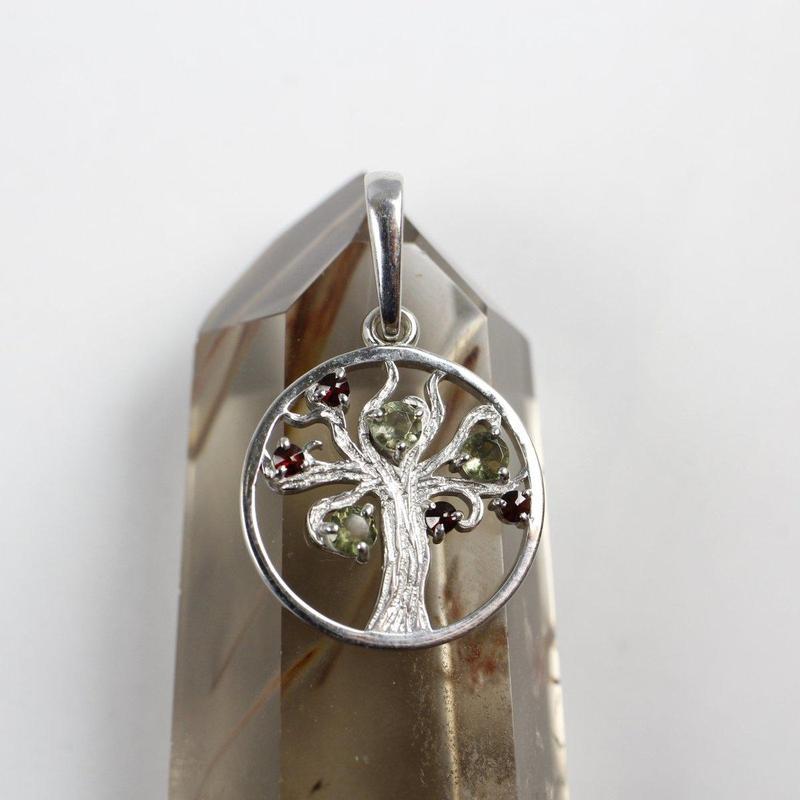 Tree Of Life Moldavite With Garnet Pendant || .925 Sterling Silver-Nature's Treasures