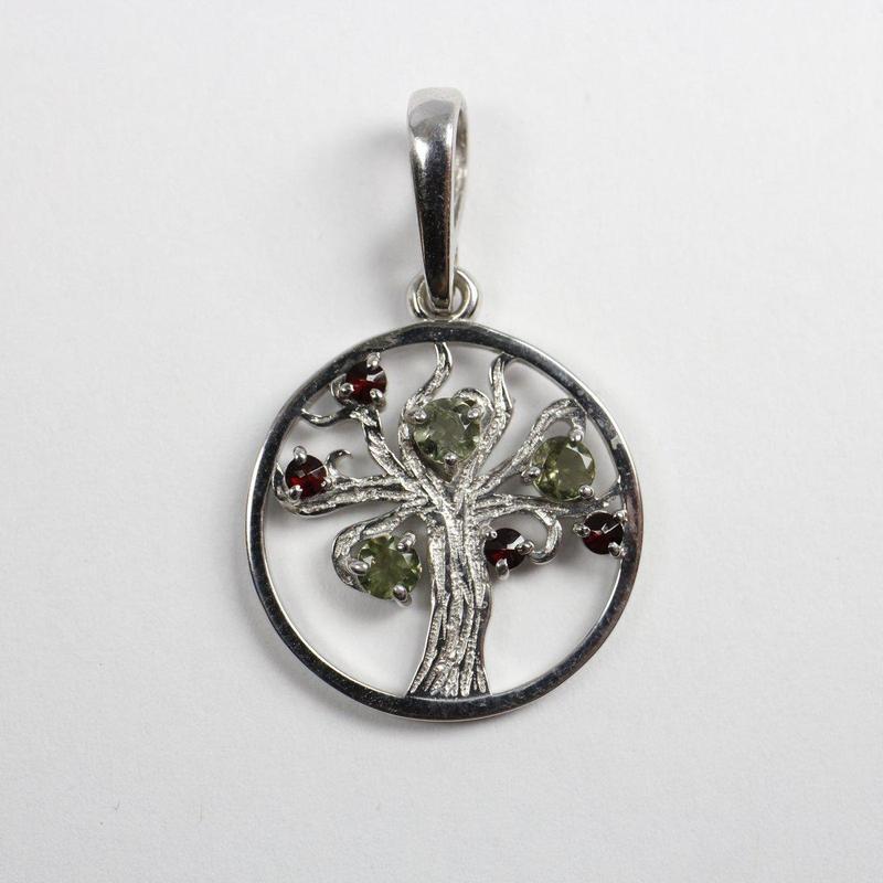 Tree Of Life Moldavite With Garnet Pendant || .925 Sterling Silver-Nature's Treasures