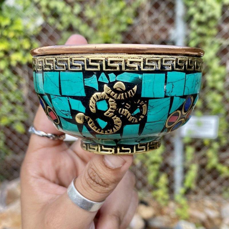 Turquiose Om Symbol Copper Offering Bowl-Nature's Treasures