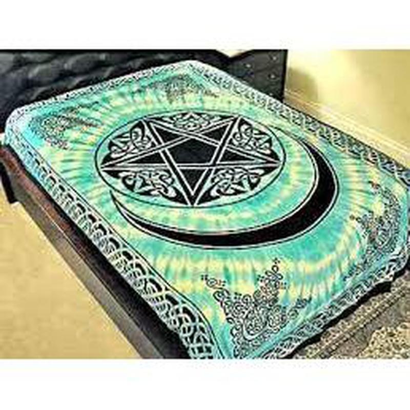 Twin Size 100% Cotton Tie Dye Tapestry || Celtic Knots Pentacle with Crescent Moon || Made in India