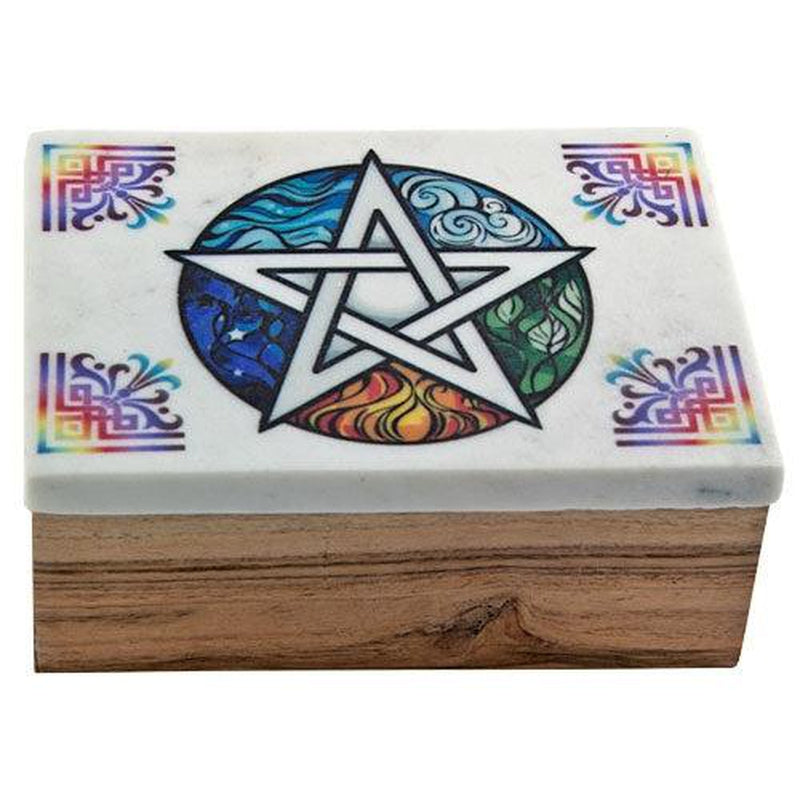 Wooden Box w/ Rainbow Pentacle Marble Lid - 6" x 4"-Nature's Treasures