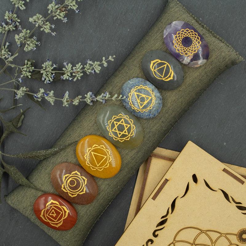 Wooden Chakra Symbol Stone Set || Seed of life-Nature's Treasures