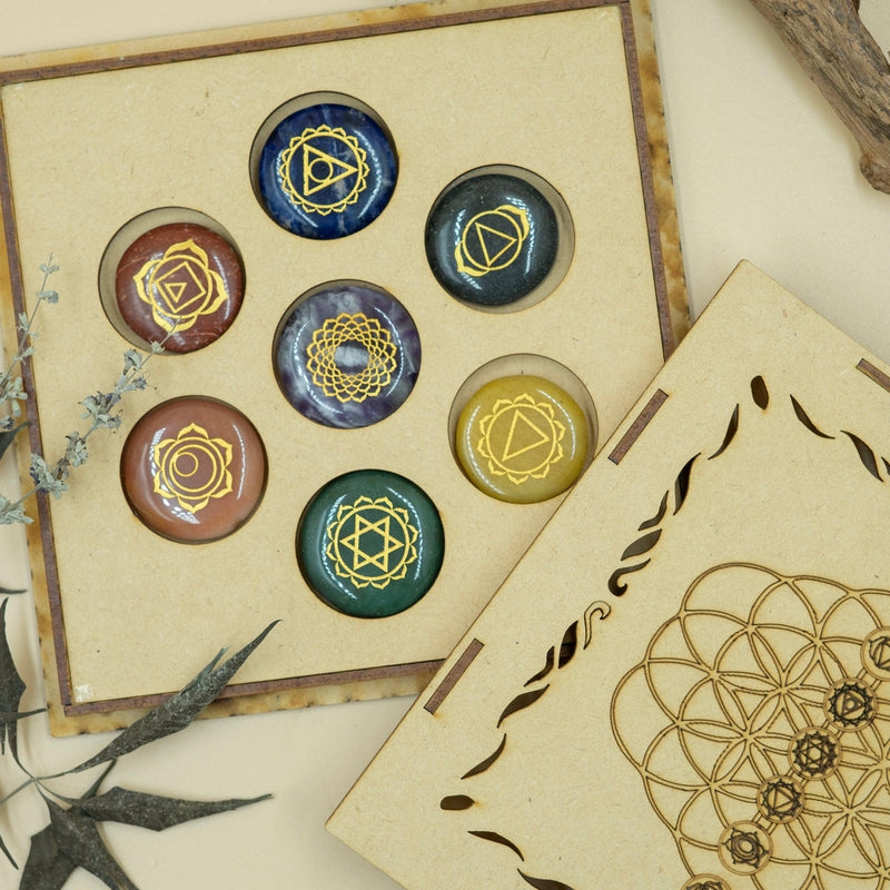 Wooden Chakra Symbol Stone Set || Seed of life-Nature's Treasures